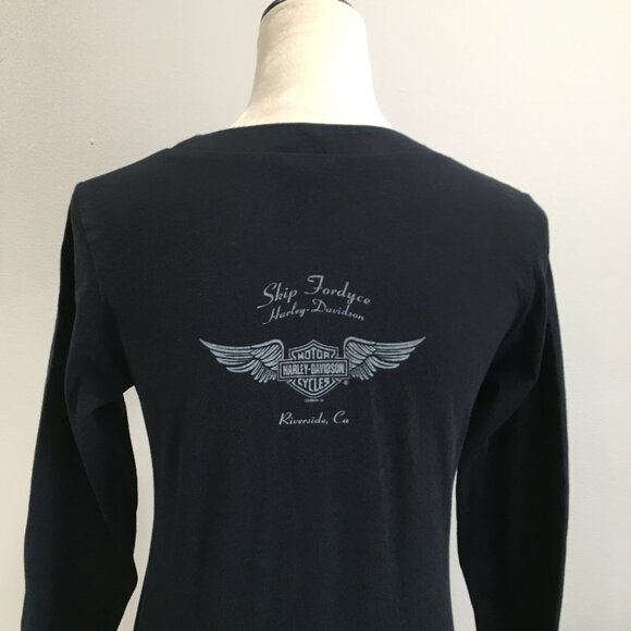 HARLEY DAVIDSON Black White Print Riverside CA Cut V Neck Tie Collar Shirt - Picture 10 of 13